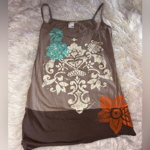 Vintage Roxy Y2K Floral Graphic Tank Top Brown Cottagecore Lagenlook
